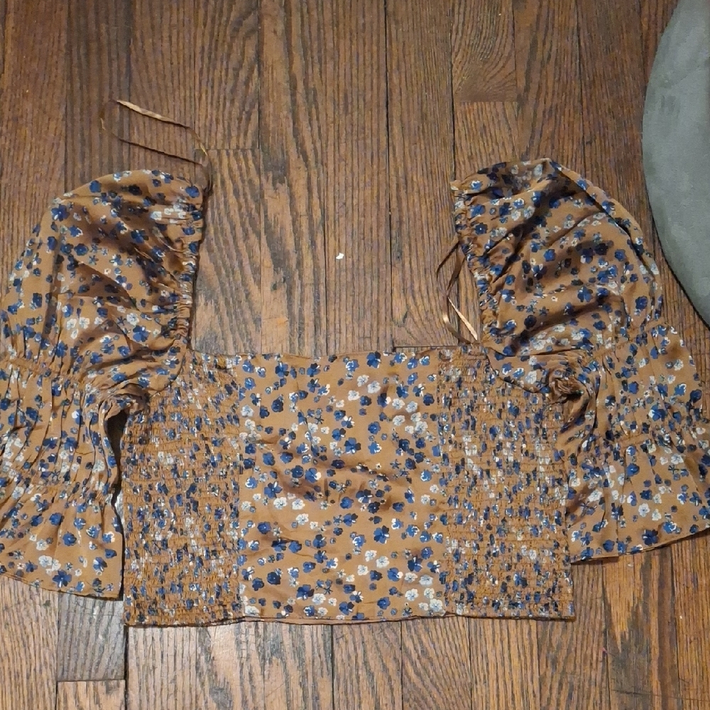 Vici Brown Floral Smocked Square-Neck Crop Top with Blue Accents